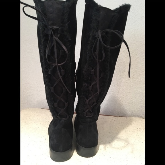 Black suede leather boots with leather lacings up the back and zippers at ankle - Picture 3 of 3